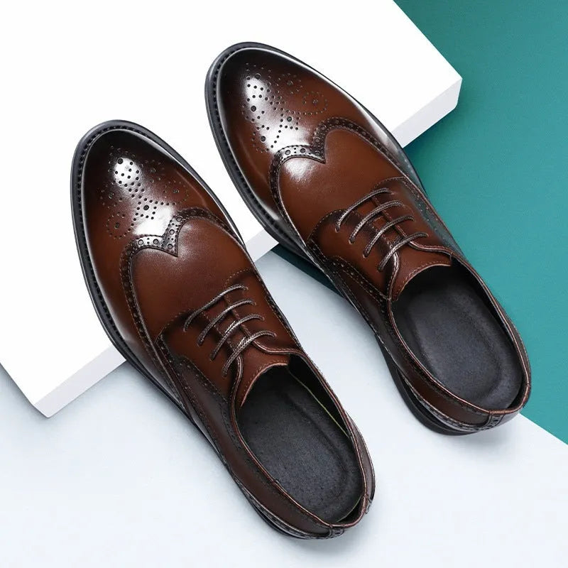 Men's black and brown brogue leather shoes for business wear with traditional detailing