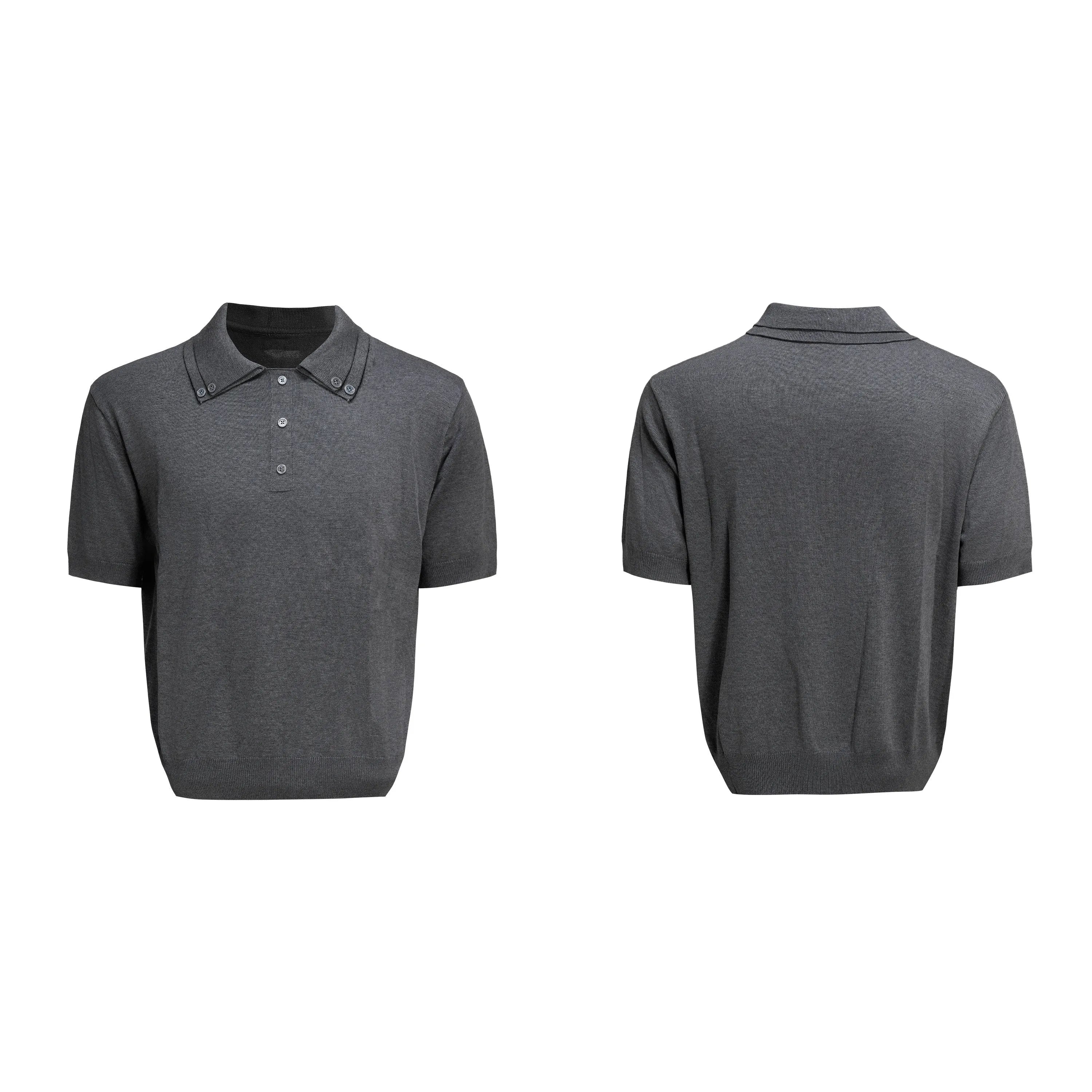 Man wearing a grey double collar knit short sleeve t-shirt.