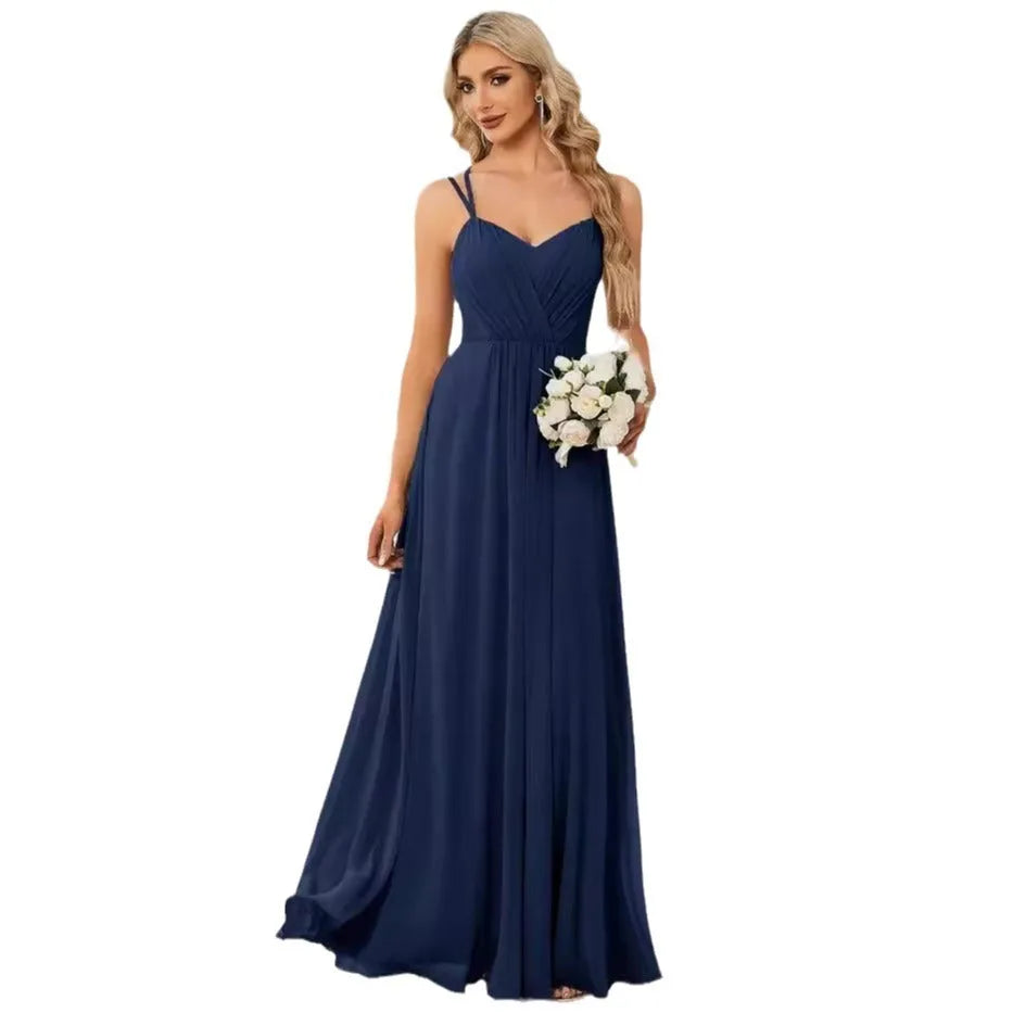 Women's light green sleeveless A-line banquet dress with long pleated skirt on a hanger.