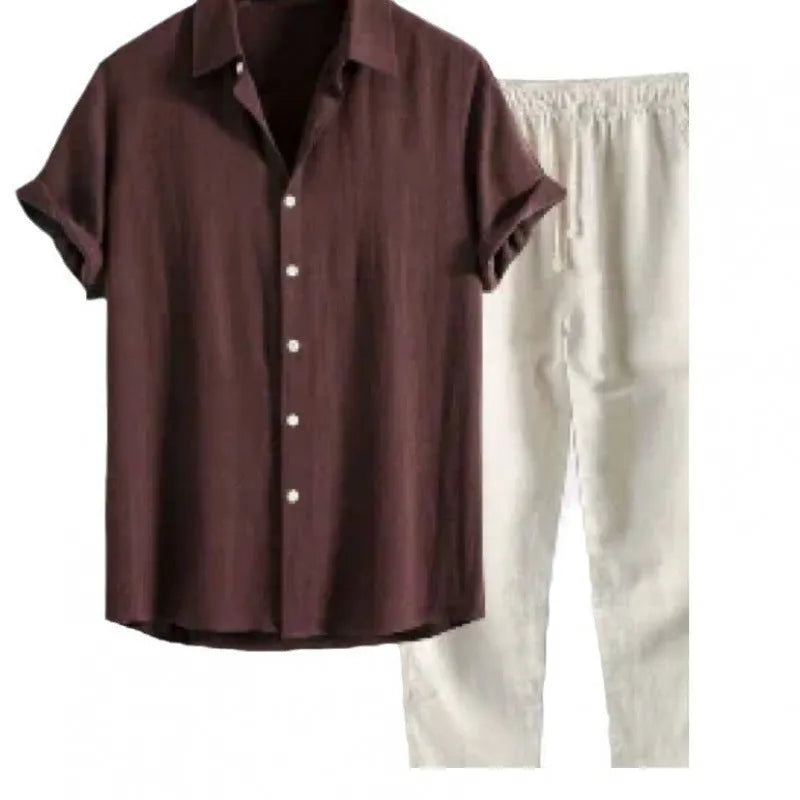 Men's light coloured linen-look casual short sleeve shirt and trouser two-piece suit set on a hanger.