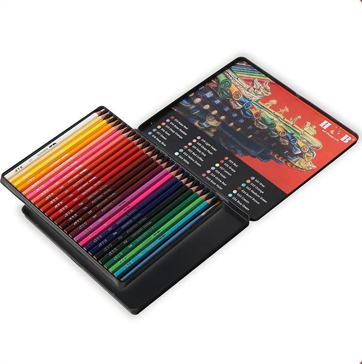 Metal tin open to show 24 water-soluble coloured pencils with brush tips.