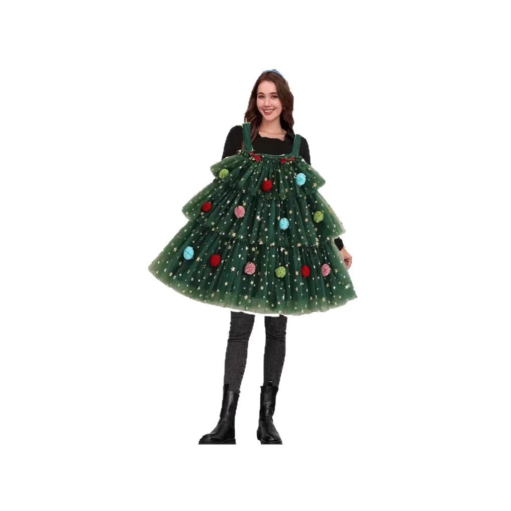 Green Christmas tree pattern mesh dress with polka dot overlay and multi-layer tiered skirt
