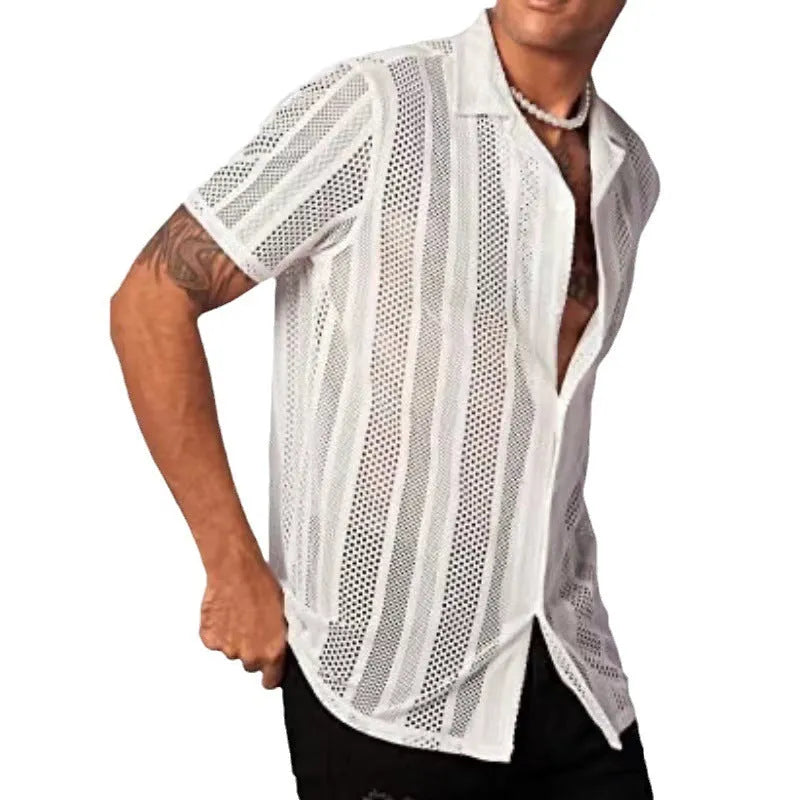 Man wearing a black knitted short-sleeved button shirt cardigan with a jacquard texture.