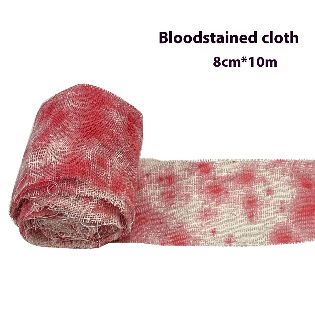 Halloween bloody cloth gauze bandage roll showing 8cm width and polyester material texture
