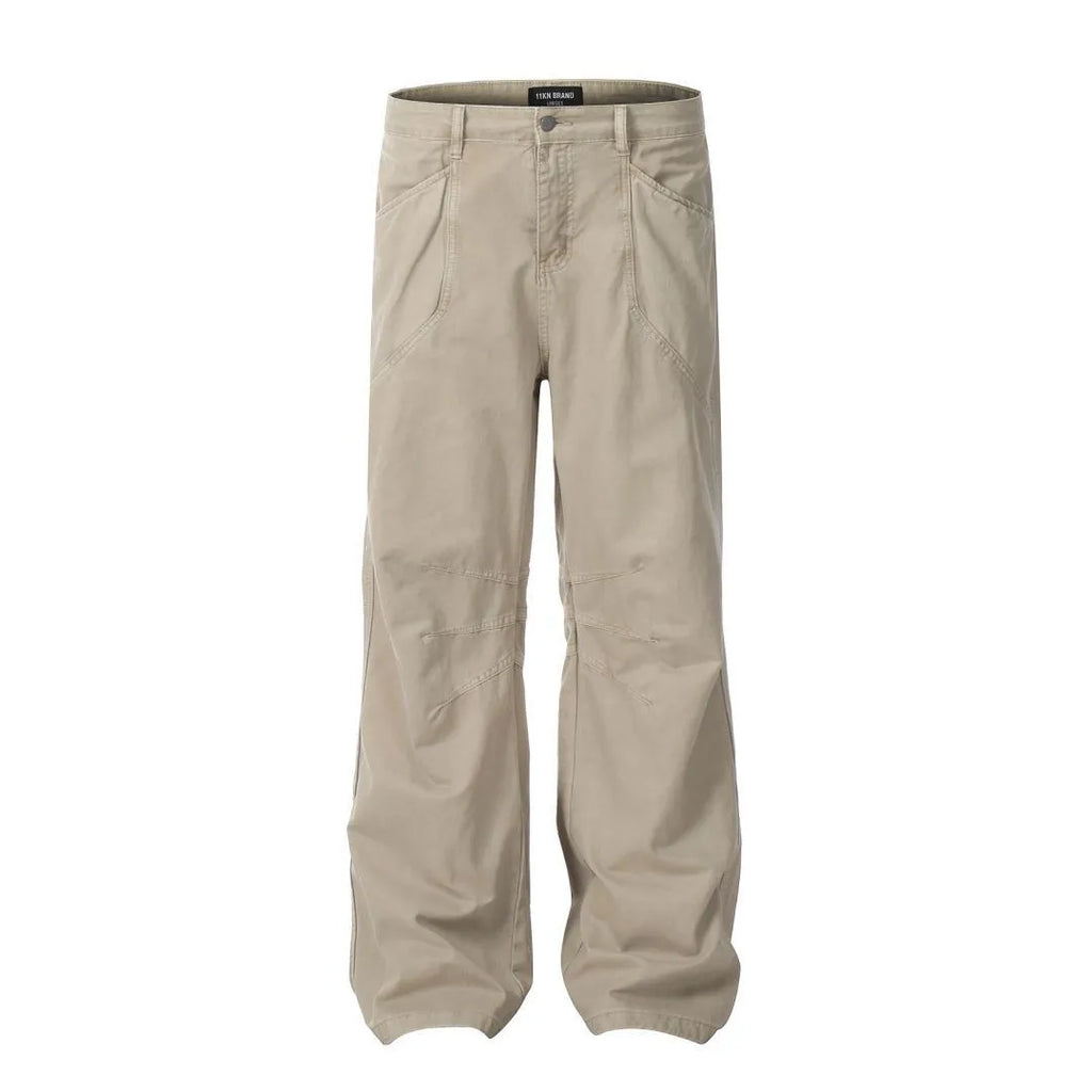 Men's brown loose straight-leg cotton trousers with high waist and zip fly