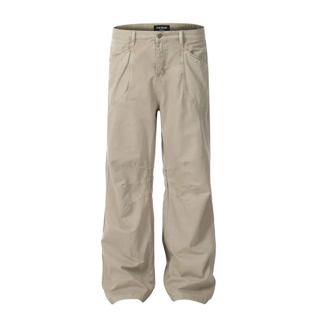 Men's brown loose straight-leg cotton trousers with high waist and zip fly