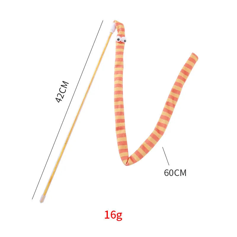 Colourful cat teaser wand toy with a long plush strip and bell on a polycarbonate handle.