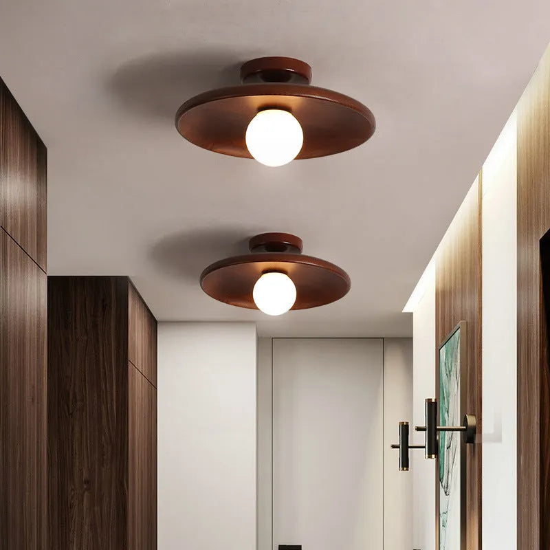 Minimalist solid wood and glass ceiling lamp in a walnut colour finish