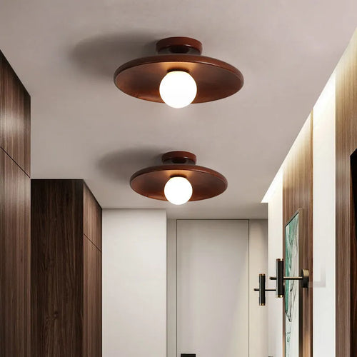 Minimalist solid wood and glass ceiling lamp in a walnut colour finish