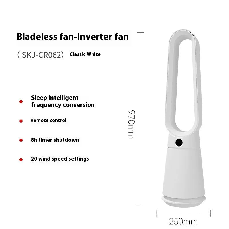 White bladeless tower fan with touch screen controls and remote control
