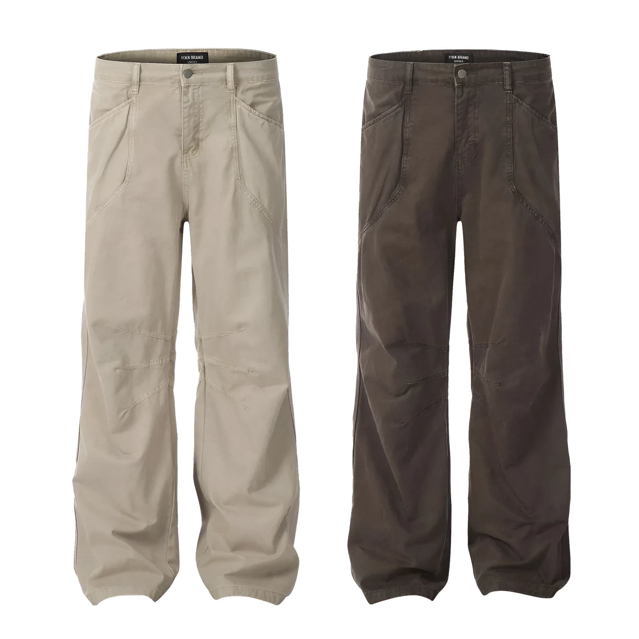 Men's brown loose straight-leg cotton trousers with high waist and zip fly