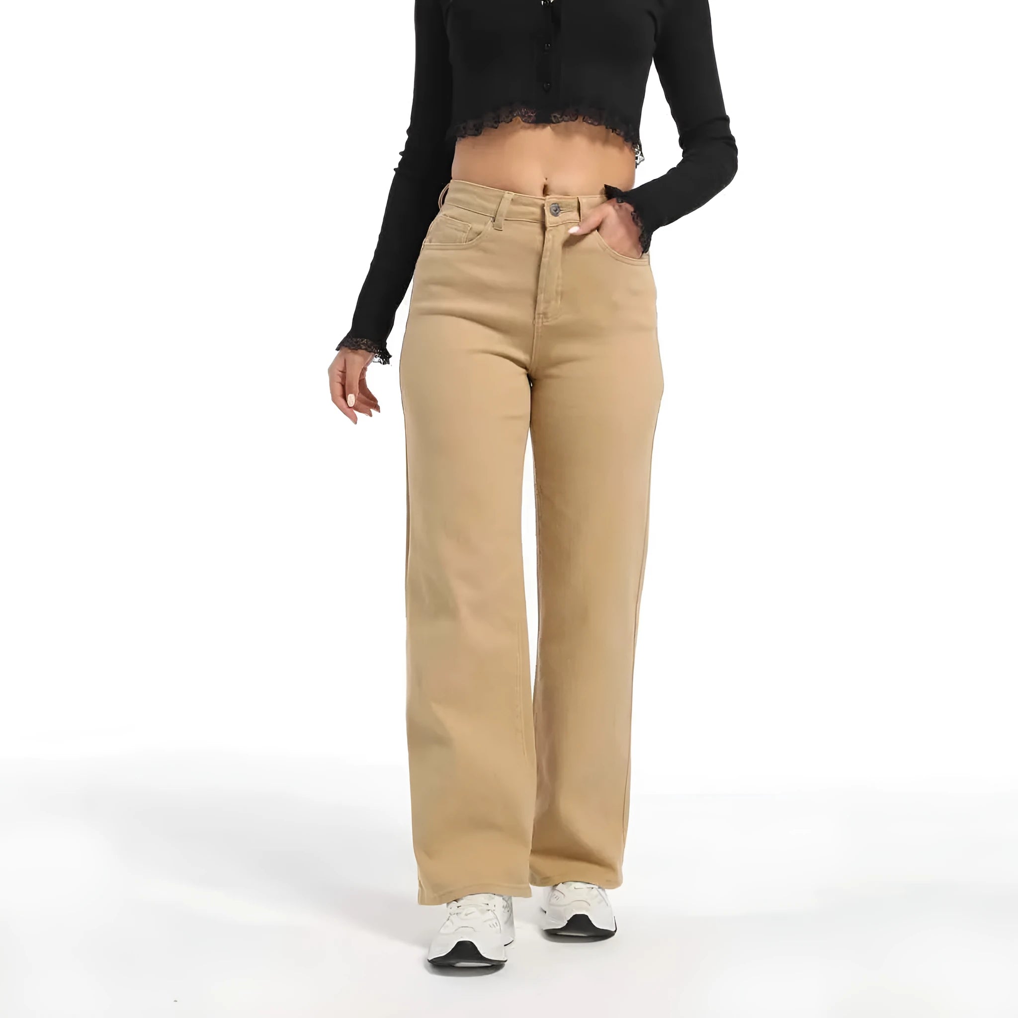Women's apricot high-waist wide-leg straight jeans on a hanger