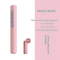 Black, white, and pink wireless presentation remote control pens with a USB receiver on a wooden desk.