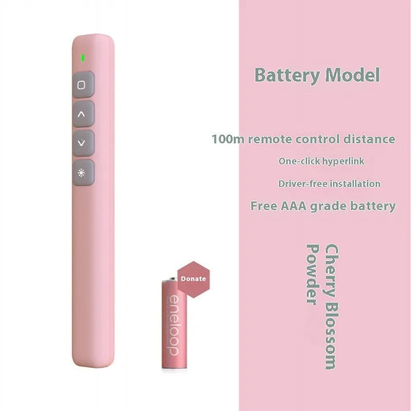 Black, white, and pink wireless presentation remote control pens with a USB receiver on a wooden desk.