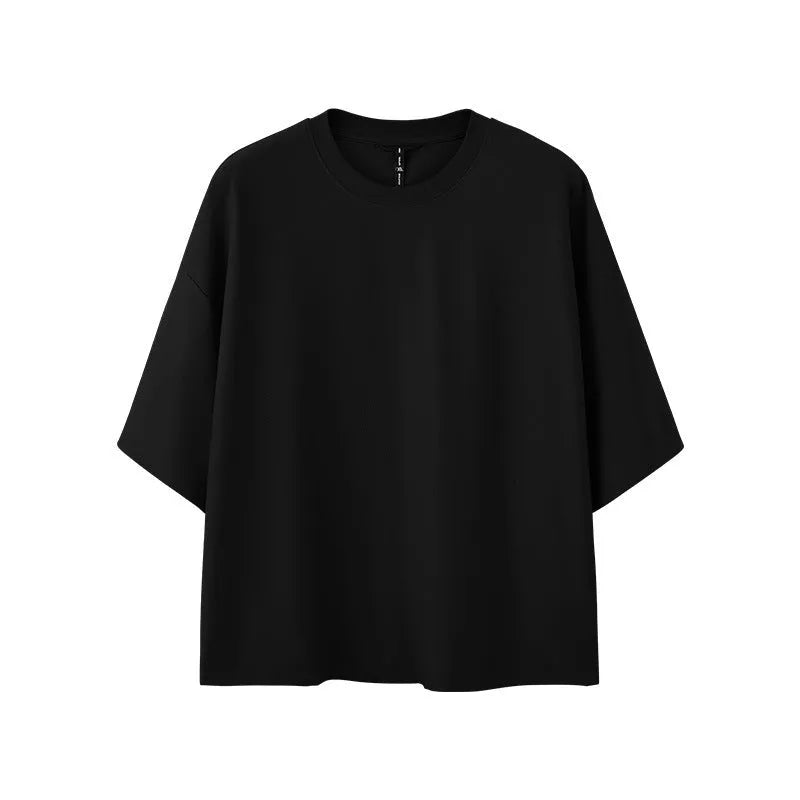Men's sand grey loose fit short sleeve cotton polyester t-shirt on a hanger.