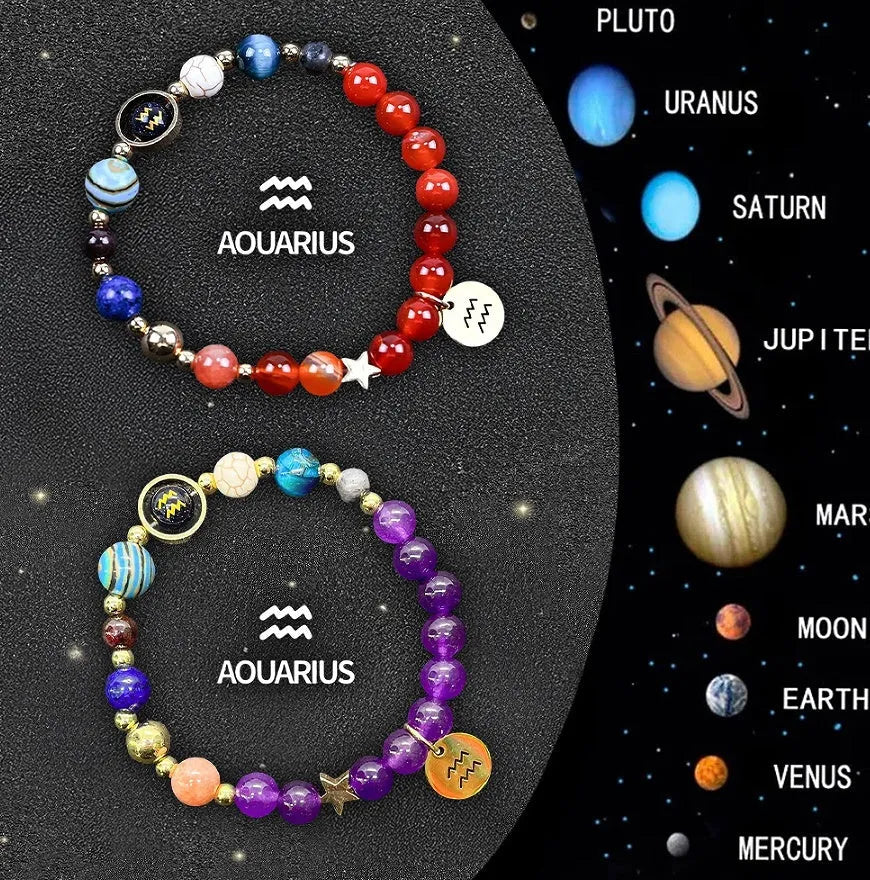 Two natural stone beaded bracelets with zodiac charms on a stretch elastic cord