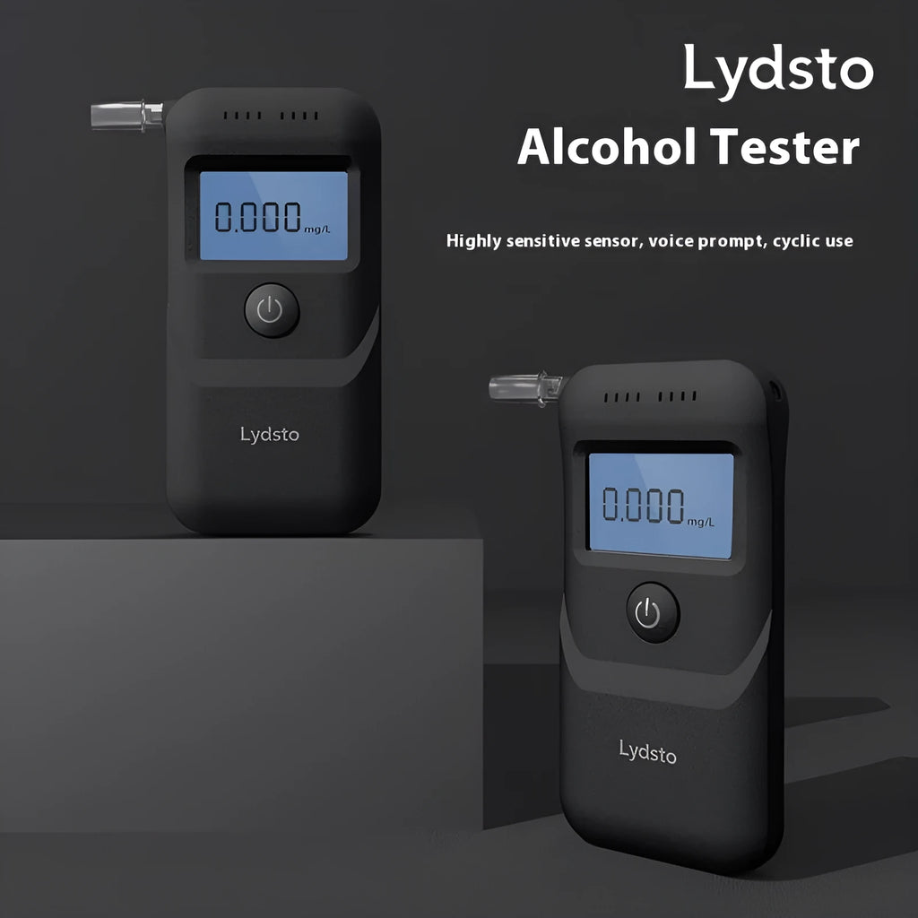 Black HD-JJCSY01 portable personal alcohol breath tester on a plain background.