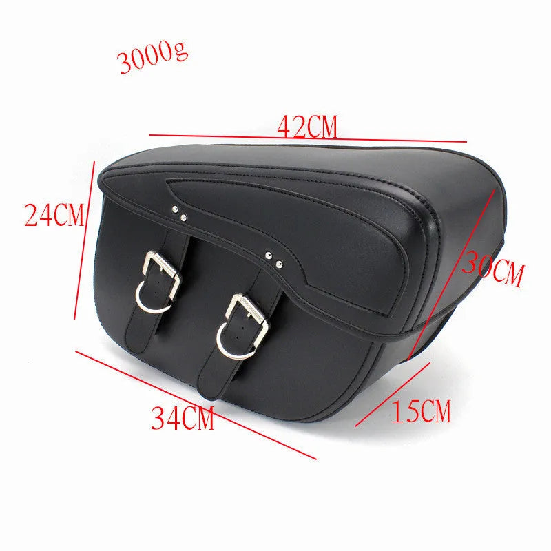 Retro style black PU leather motorcycle saddlebag side box mounted on a bike frame.