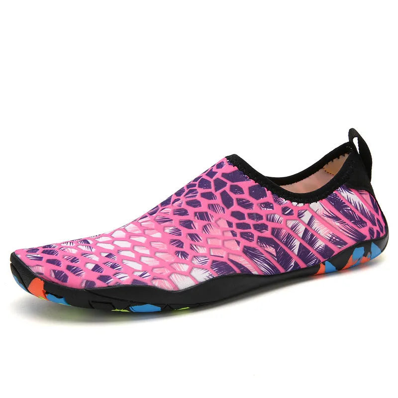 Beach wading shoes with stretch Lycra uppers and EVA midsoles in blue, black, pink, purple, and camouflage colours