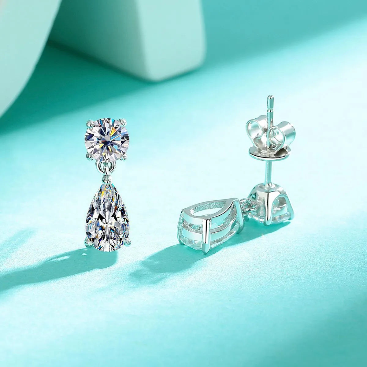 Sterling silver moissanite stud earrings with round and water drop stones in gold or silver plating