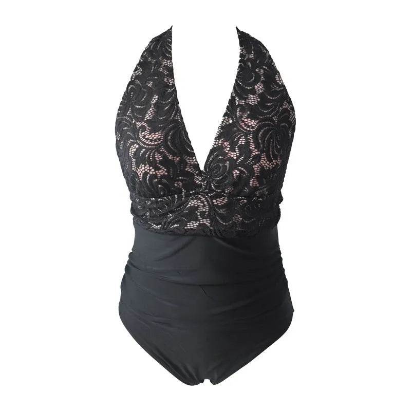 Sexy patchwork backless tight-fitting cinched belly covering one-piece swimsuit in black polyester
