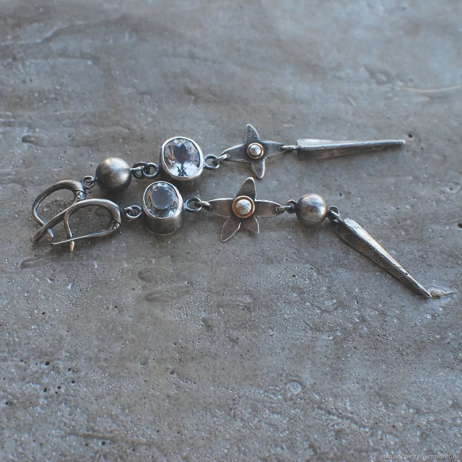 Geometric antique silver pendant earrings with long rhinestone XINGX design