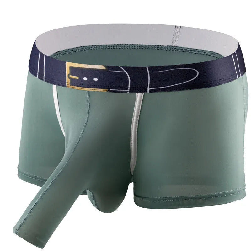 Men's solid colour ice silk boxer shorts in blue, shown on a mannequin, demonstrating the mid waist fit.