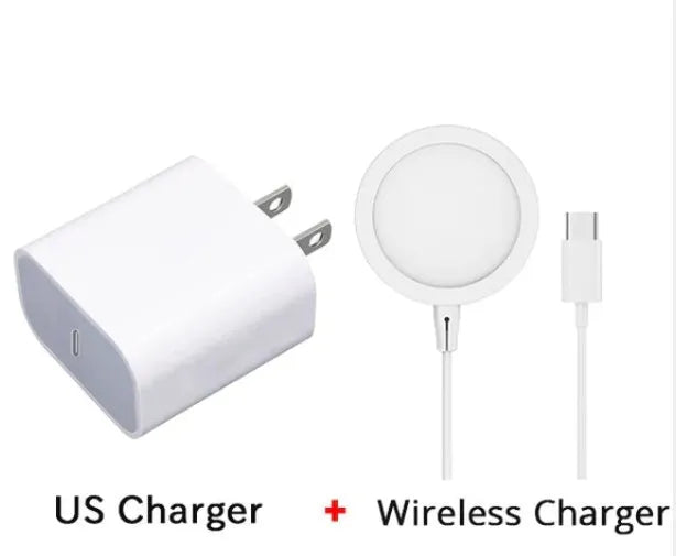 Silver metal Magsafe magnetic wireless charger for iPhone showing magnetic ring.