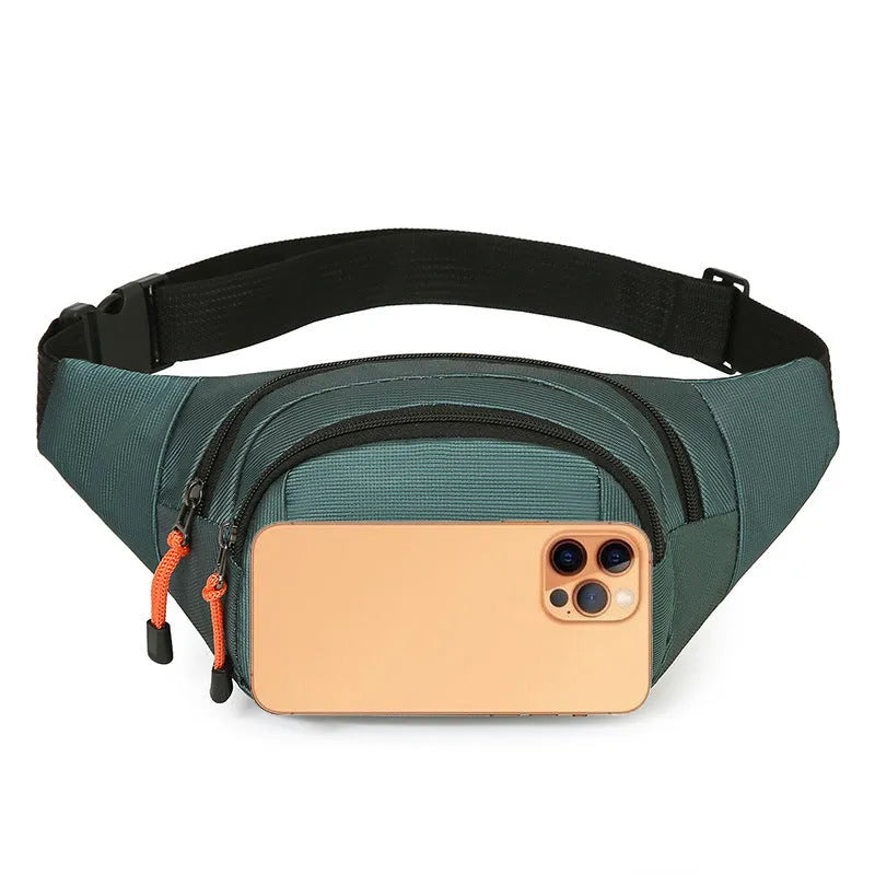 Large black slanted chest bag with a strap, showing its water resistant nylon construction.