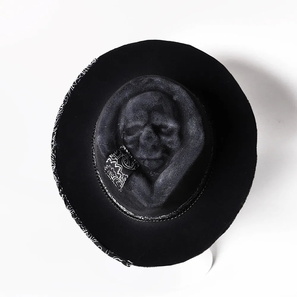 Handmade wool felt denim skull hat with conical crown for Halloween costume events
