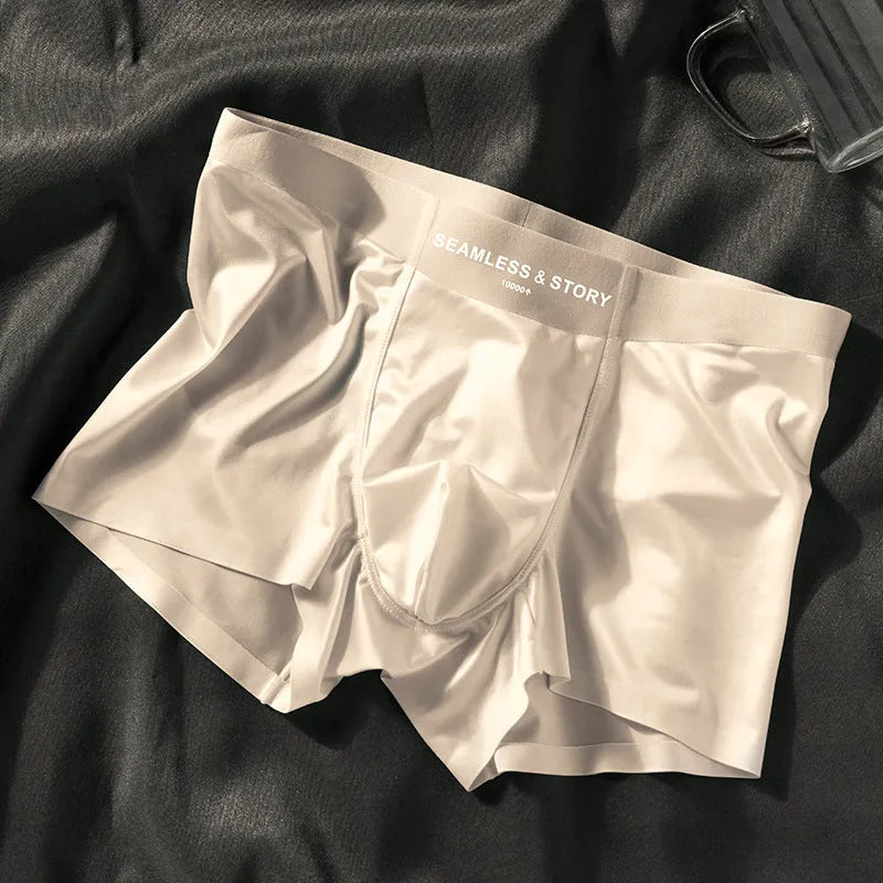 Men's ice silk satin underwear in mid waist design showing coffee, light grey and blue colour options