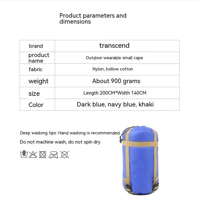 Army green outdoor cloak sleeping bag worn as a cape with 200x140cm dimensions