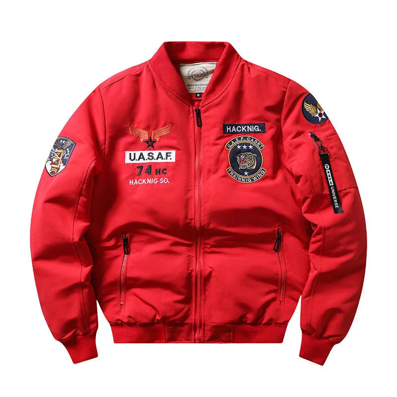 Men's slim-fit stand collar motorcycle coat in black with embroidery detailing and patch pockets