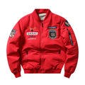 Men's slim-fit stand collar motorcycle coat in black with embroidery detailing and patch pockets