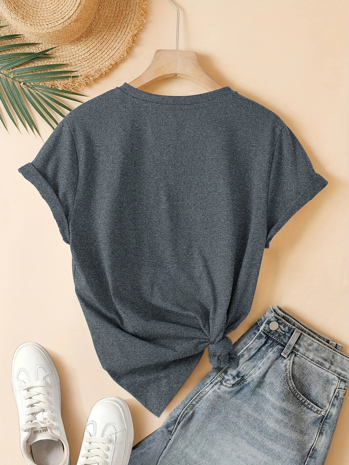 Women's art retro print cotton t-shirt in dark grey, showing short sleeves and round neck.