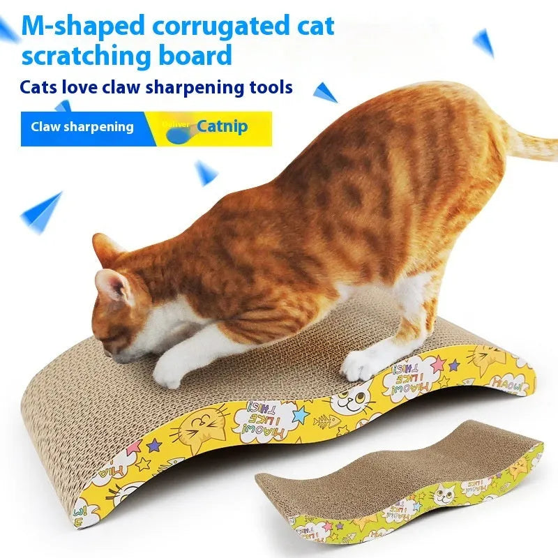 Wall-mounted cat scratch board in decorative shape made from corrugated paper with leather hanging tab