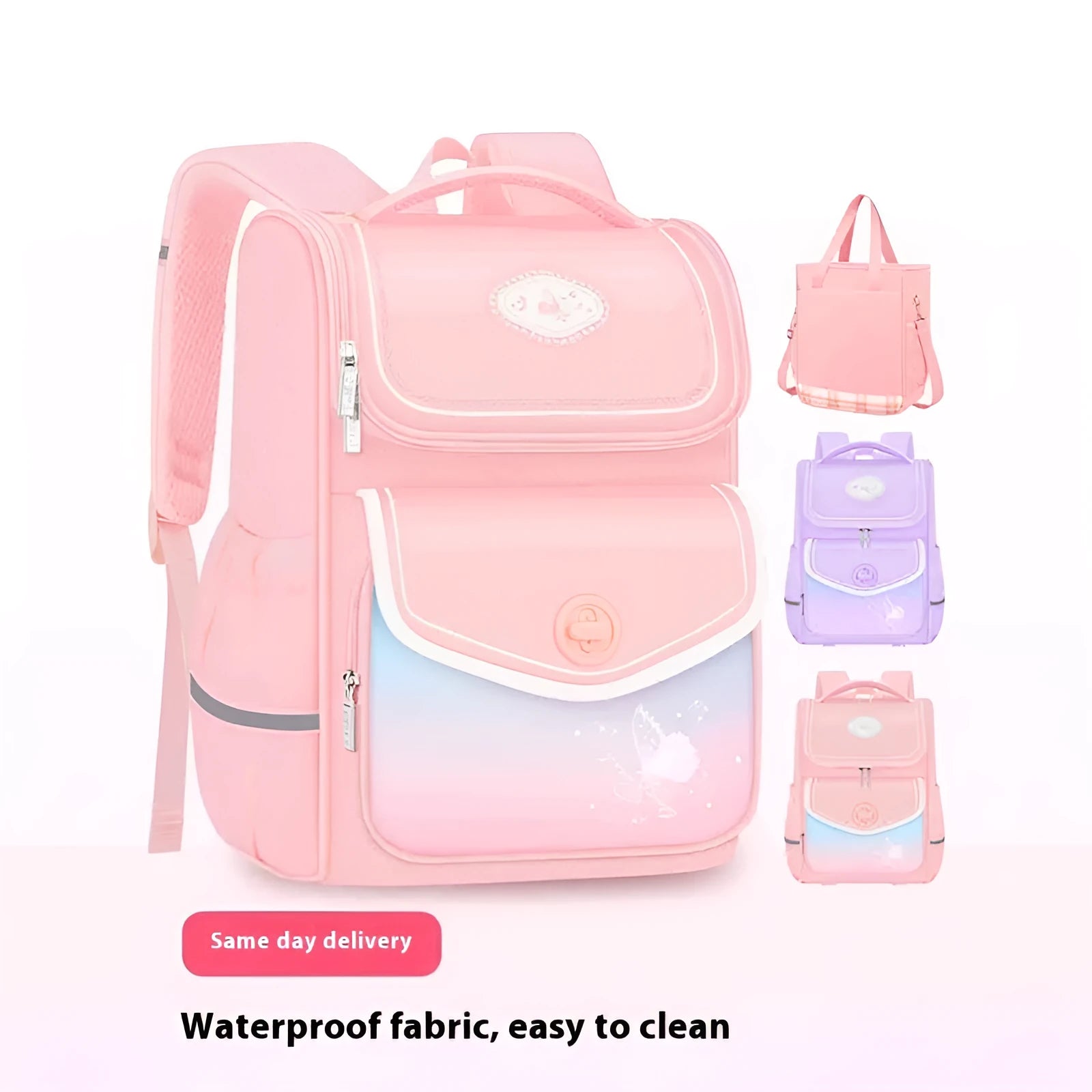Girls waterproof Oxford cloth schoolbag in pink, green, and purple colours for primary school years 1-6