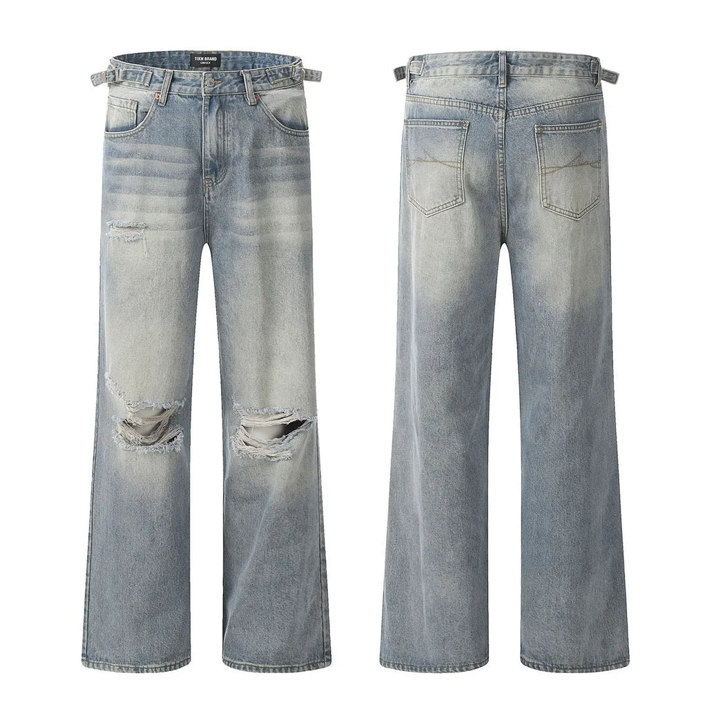 Blue men's ripped jeans with straight-leg cut and zipper fly