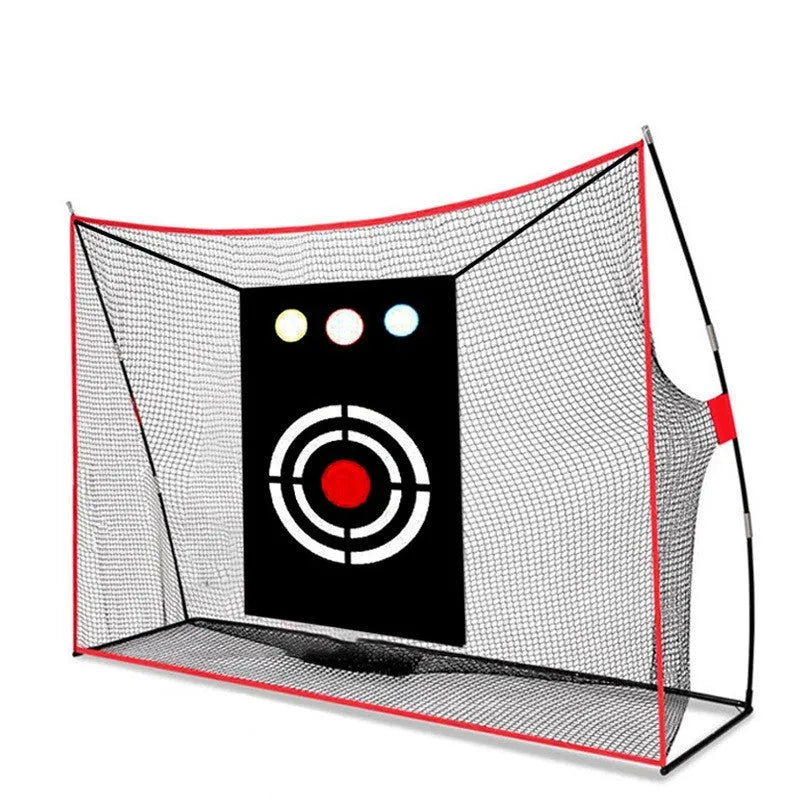 Golf swing wedge training net kit with 3-hole cross target, straw mat, practice balls and accessories