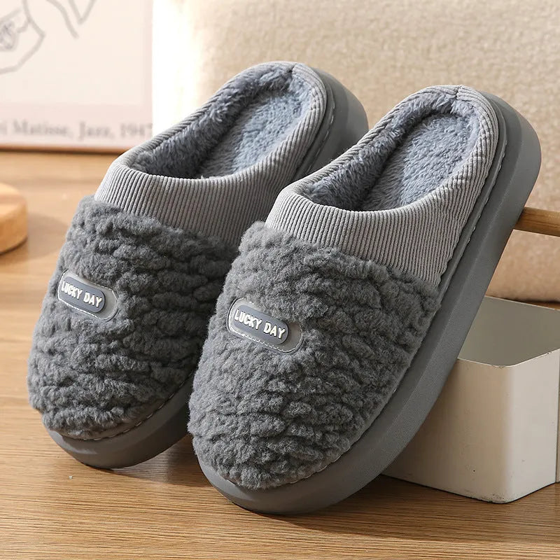 Men's plaid rabbit hair slippers with artificial wool lining and EVA soles