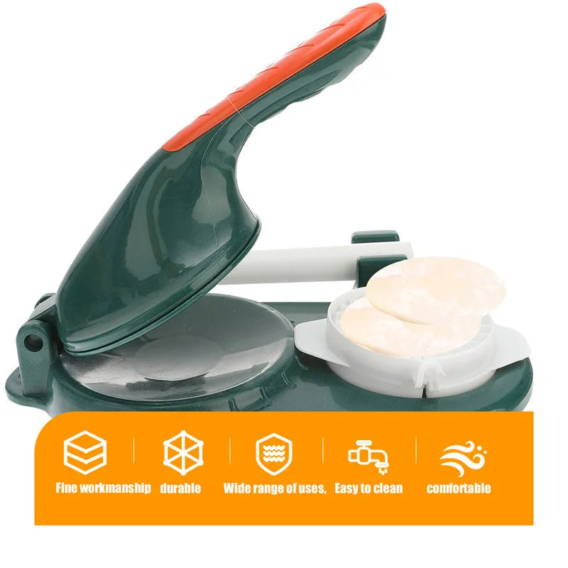 3 in 1 plastic dumpling maker with ergonomic handle and rolling pin in white on a table