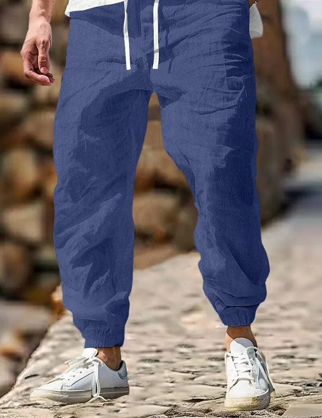 Men's straight-leg cotton summer trousers with elastic waistband in multiple colour options