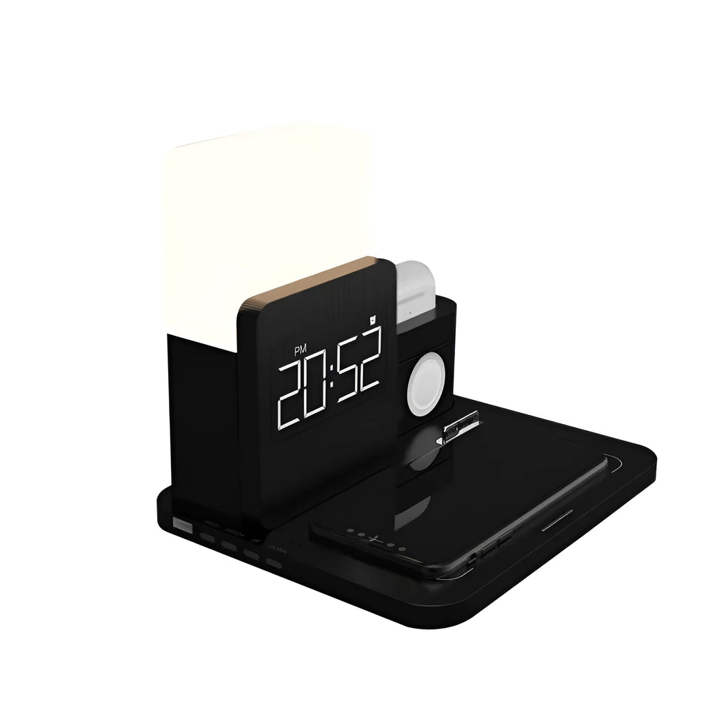 Dark green 3-in-1 wireless charging stand with smartphone, smartwatch, and earbuds charging simultaneously
