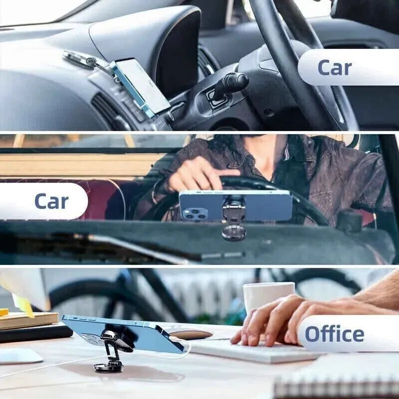 Chrome folding magnetic car phone holder mounted on a dashboard, shown in both extended and compact folded positions.