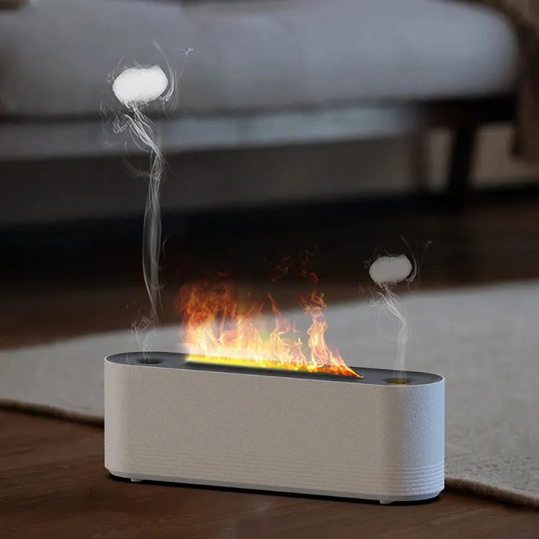 Black Flame Air ultrasonic humidifier diffuser with LED lights on a wooden table.
