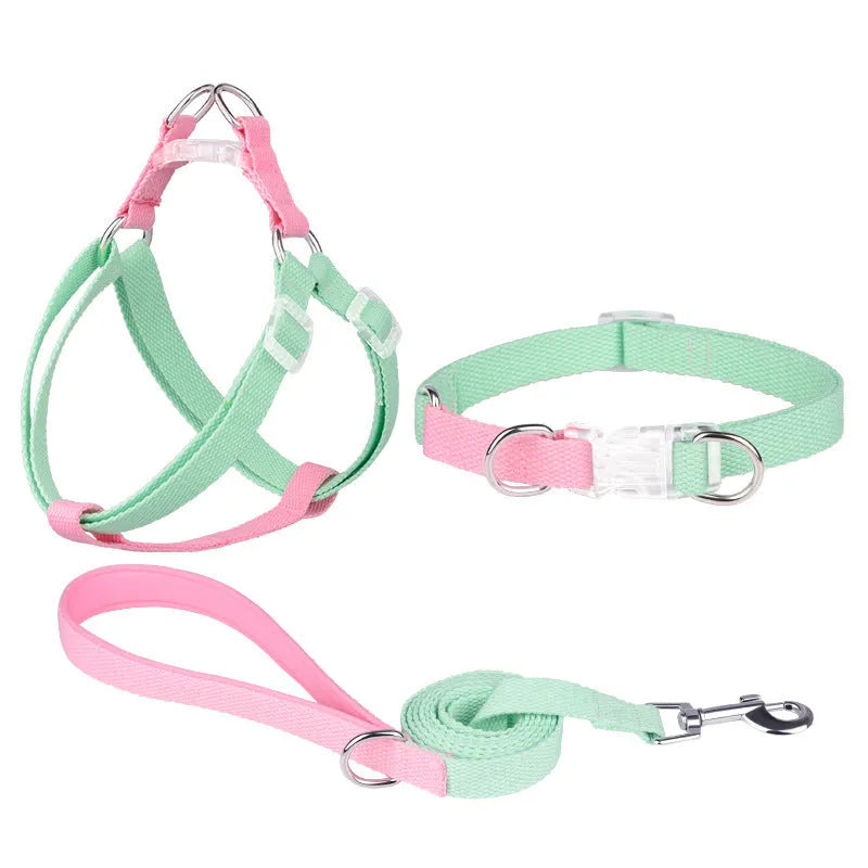 Polyester dog collar and leash set with chest strap in green and pink colour combination