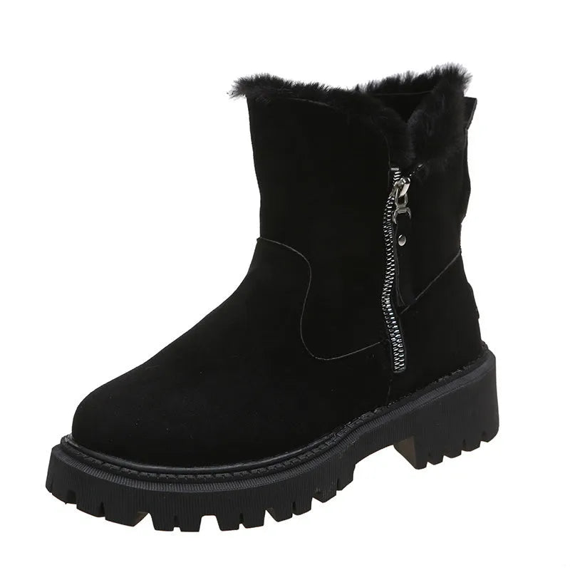 Women's black high-top snow boots with side zipper and thick plush lining on a winter background.