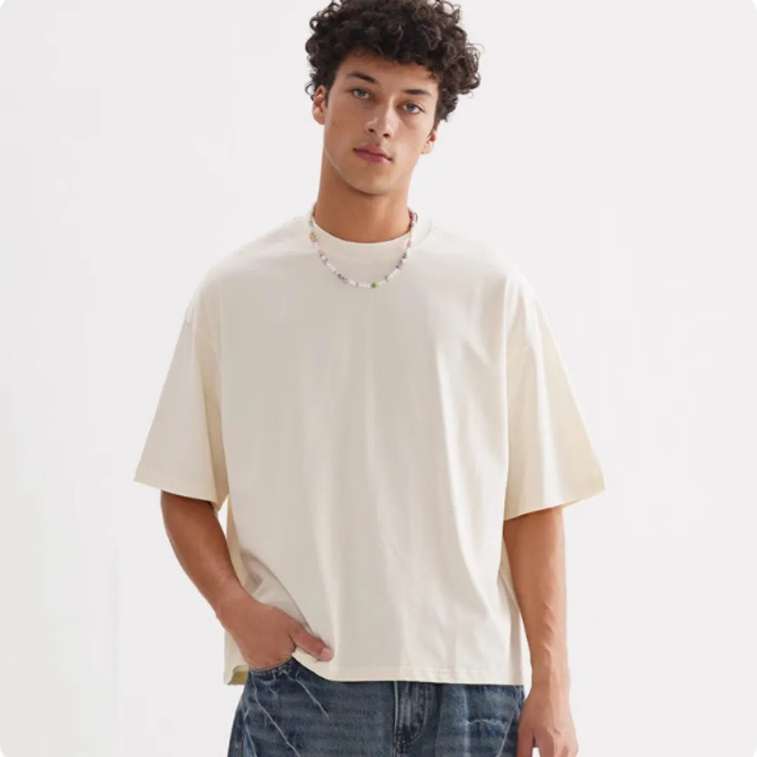 Men's loose fit pure cotton t-shirt in apricot colour, short sleeve American style.