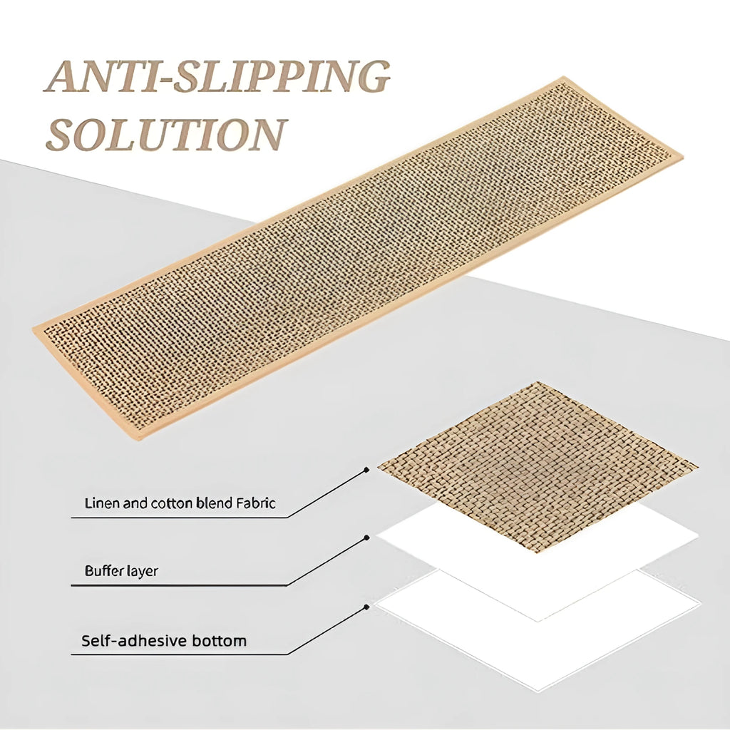 Japanese-style linen-look stair mat with non-slip bottom in camel colour on wooden stairs