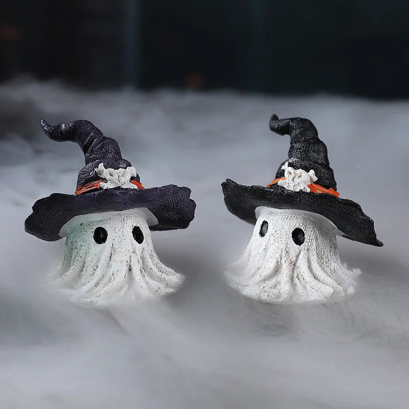 Purple and black resin wizard hat ghost ornaments for Halloween and Christmas seasonal displays